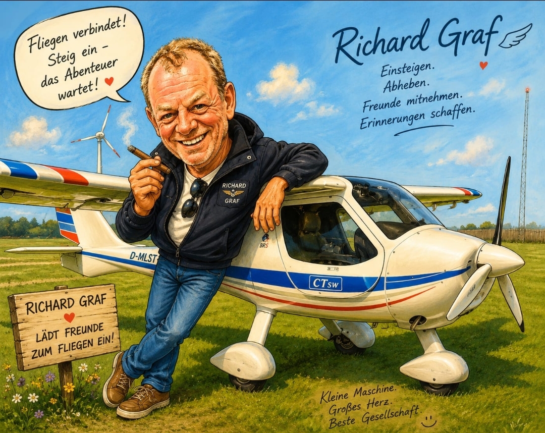 Karikatur von Richard Graf vor einem kleinen Flugzeug
